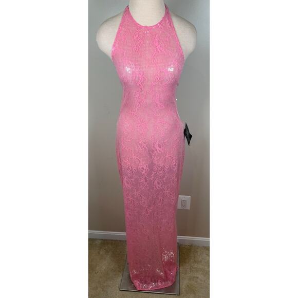 Retrofete Shivonne Sheer Floral Sequin Halterneck Paradise Pink Maxi Dress Sz L - Picture 3 of 11